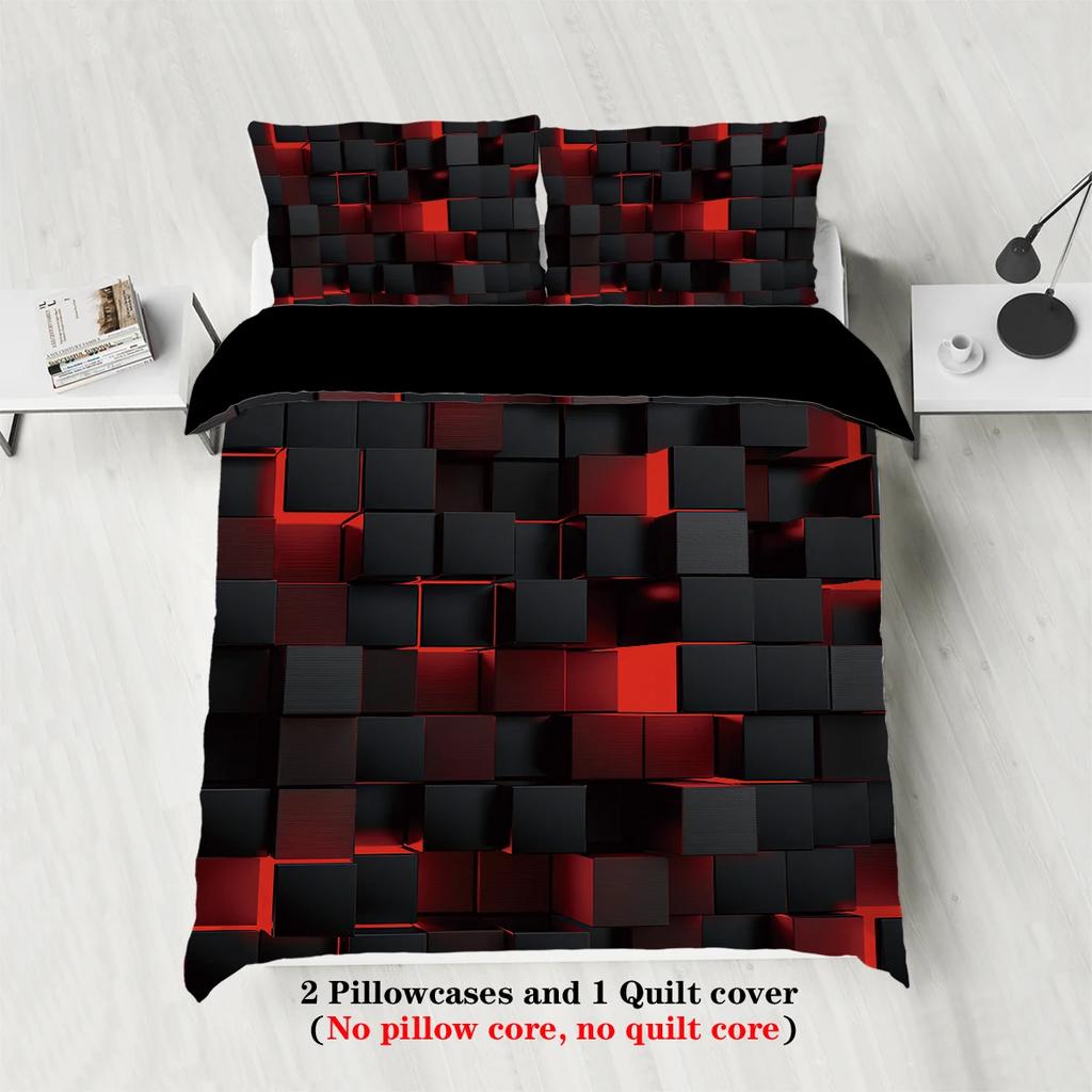 3pcs Red transparent grid visual effects bedding set suitable for teenagers and adult bedroom1*duvet cover+2*pillowcase