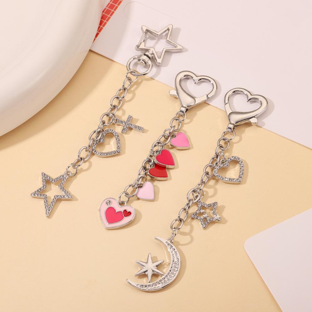 Heart & Star Keychain Pendant - Cute Peach Heart and Moon Design Bag Accessory