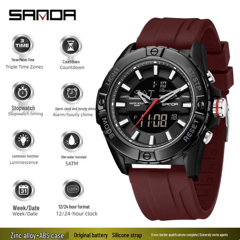 Relógio SANDA Casual com Duplo Display, Pulseira de Silicone, para Estudantes, com Função Soneca