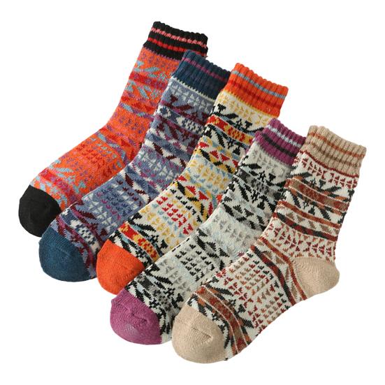 5 par Vintervarme mannskapssokker for kvinner Tykke midt-legg strikkesokker Retro etnisk stil sokker til julegaver
