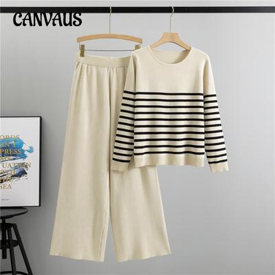 Sonbahar Kadın Büyük Beden Pantolon Takım Elbise Günlük Moda Takım Şık Yaşlanma Çizgili Örme Üst Geniş Paça Pantolon