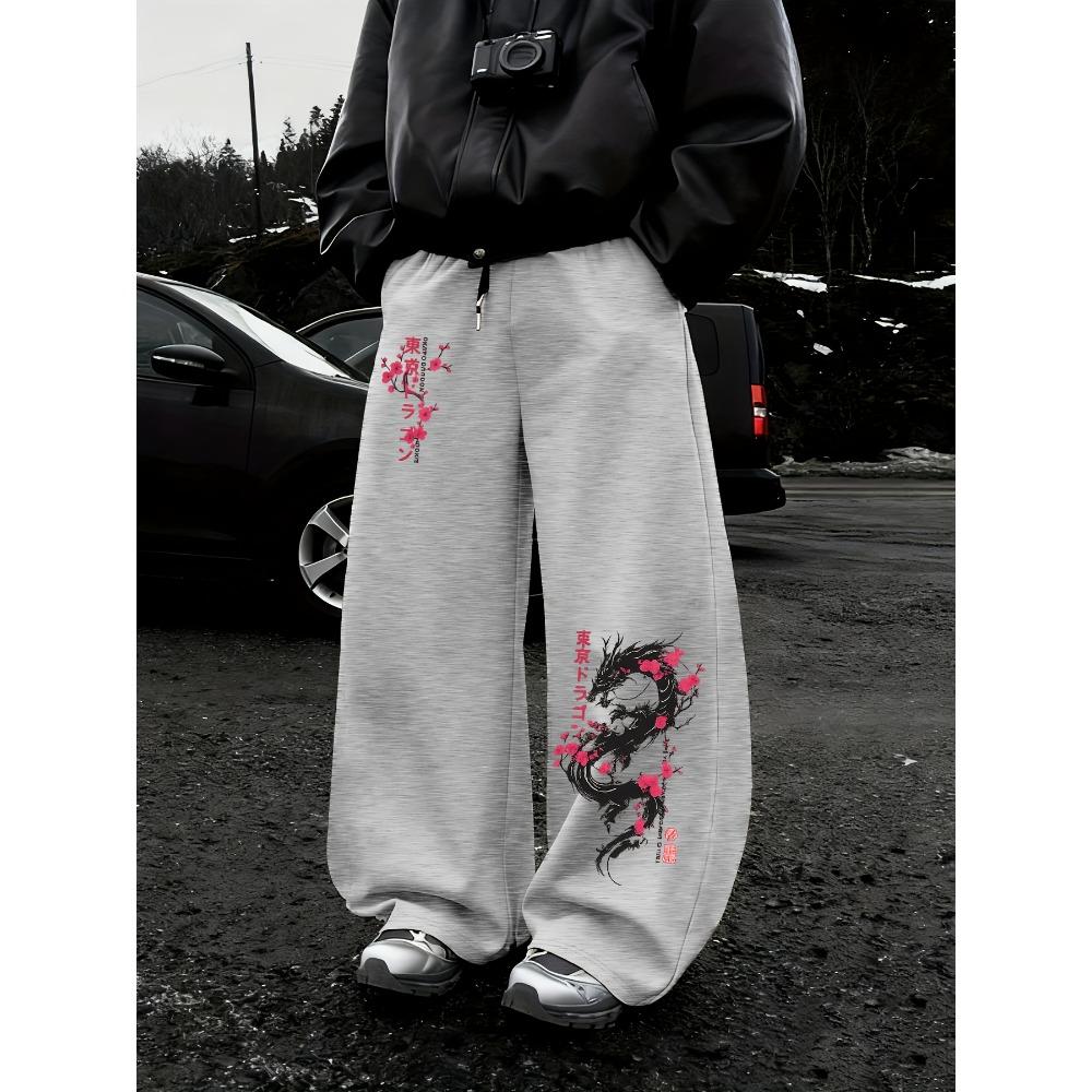 Tokyo Dragon and Plum Blossom Pattern Men's Sports Pants with Elastic Drawstring at the Waist Ideal for Street and Casual Wear