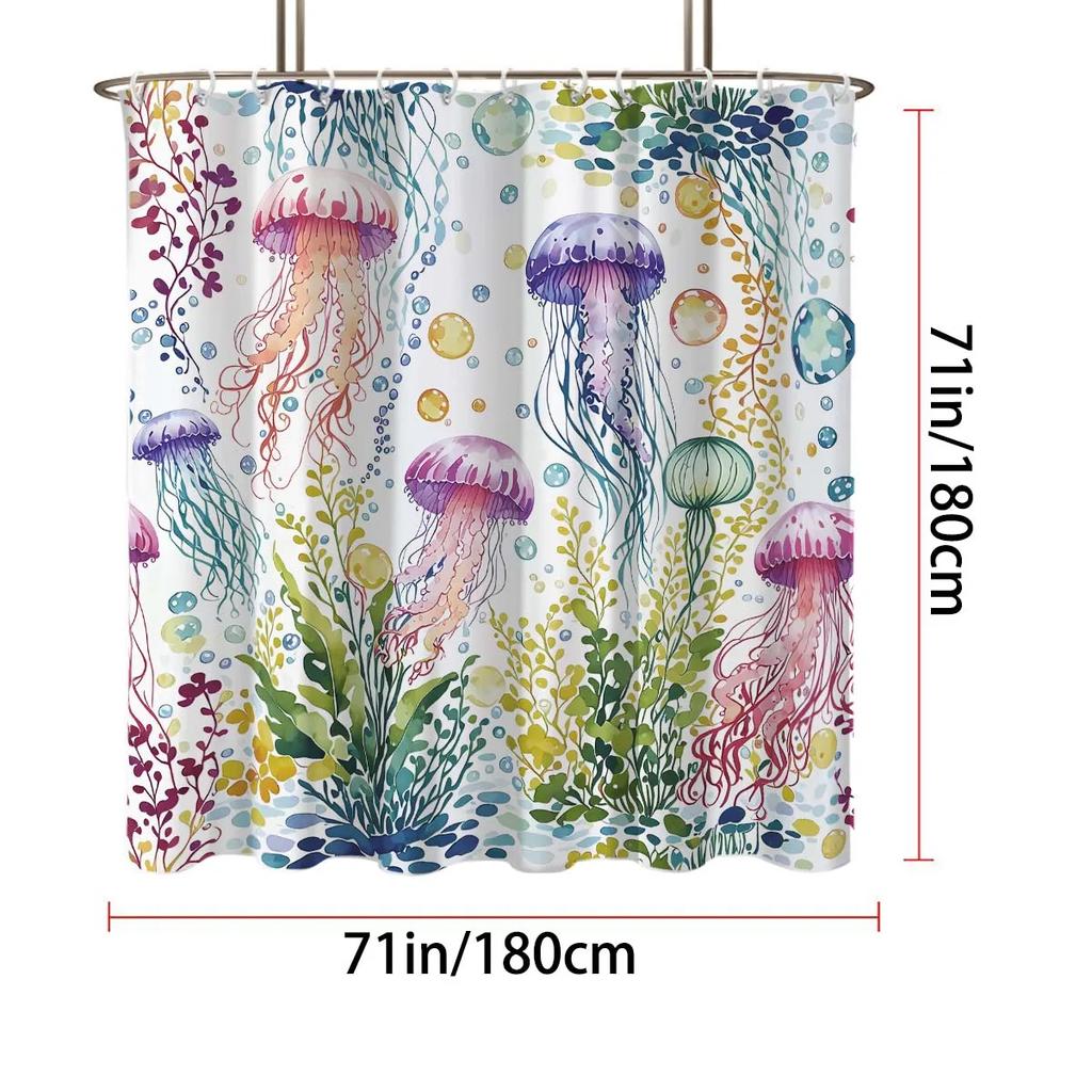 1Pc Jellyfish Pattern Printed Shower Curtain, Waterproof, With 12 Hooks, Bathroom Showers, Bathtub, Fashionable Home Use