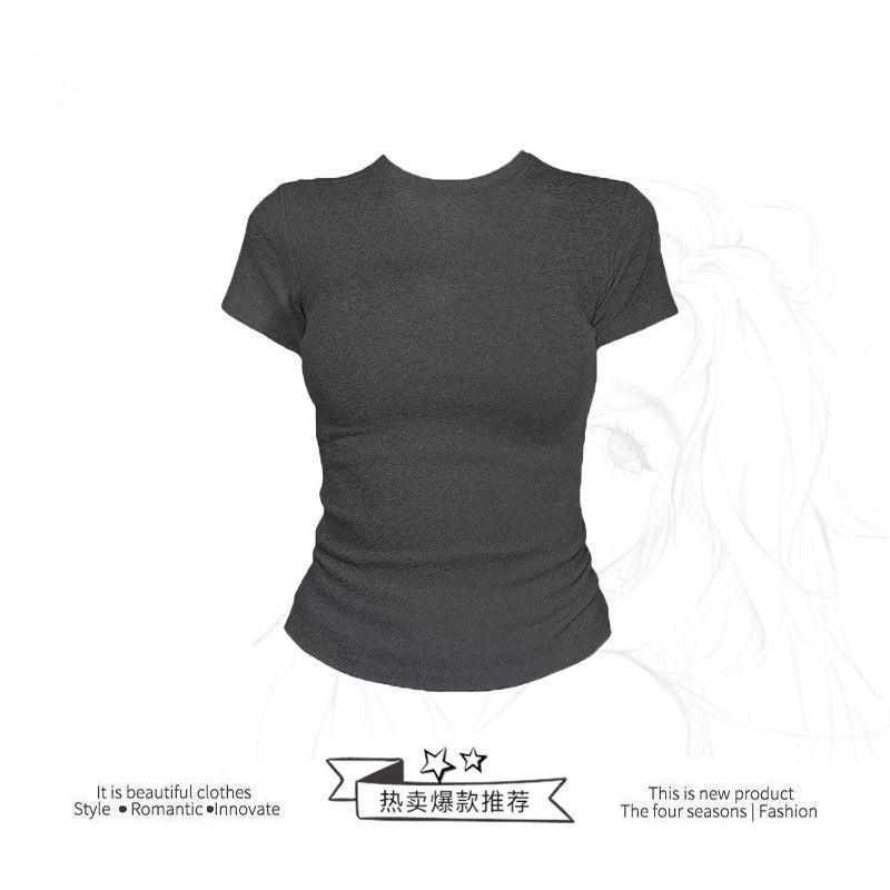 American front shoulder slim trendy top women's design sense niche new summer solid color fashion short-sleeved t-shirt