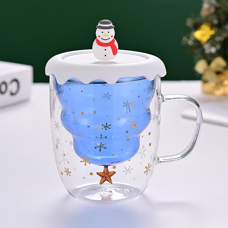 Double Layer Insulated Christmas Cup with Lid Coffee Cup High Borosilicate Glass Cup Wholesale with Handle Glass Decorative Cup
