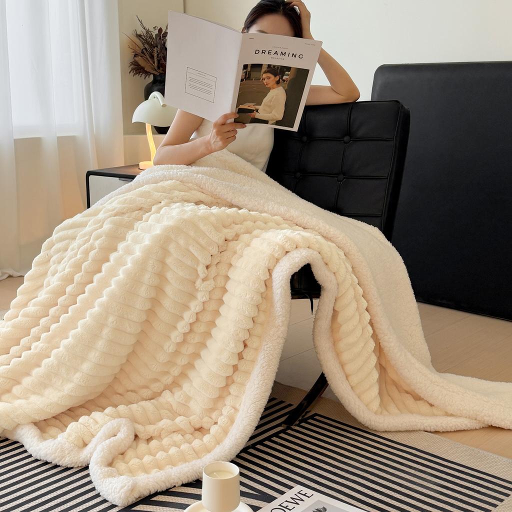 Wide Striped Double Layer Artificial Wool Blanket Spring Autumn Warm Fleece Throw Blanket For Bed Sofa Cozy Soft Plush Blankets