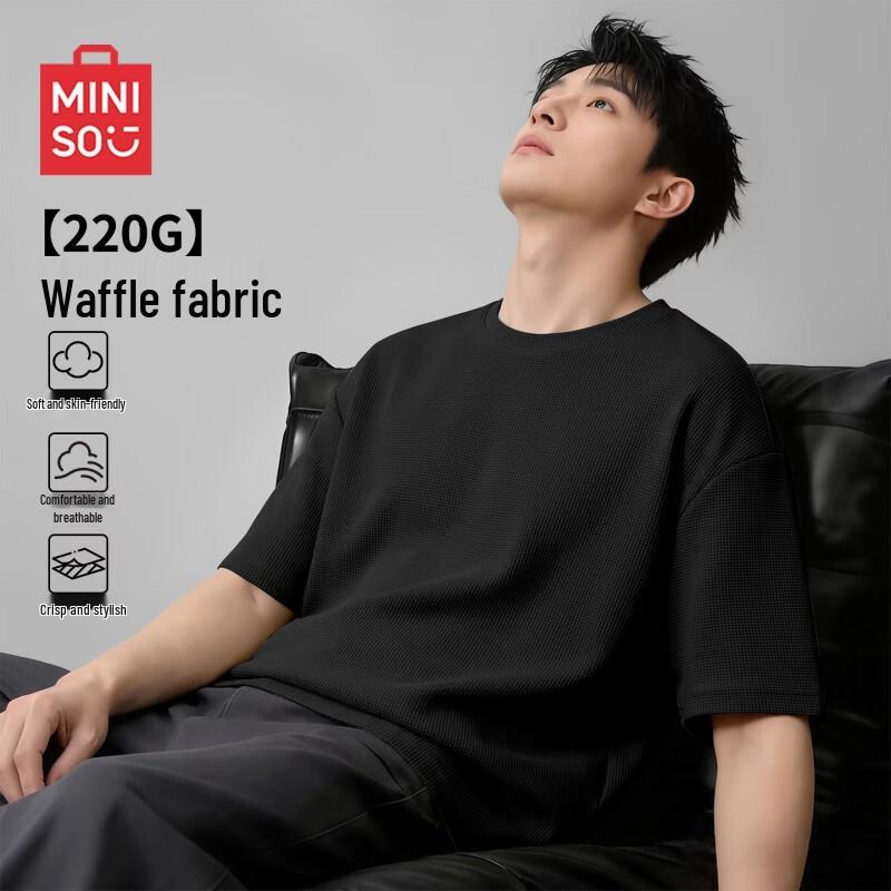 MINISO Men's 220G Waffle Knit Loose Fit Round Neck Short Sleeve T-Shirt