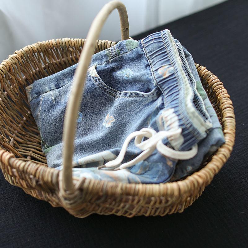 Retro Printed Light Blue Cropped Jeans for Women In Plus Size, Elastic High Waisted, Loose Straight Leg Pants