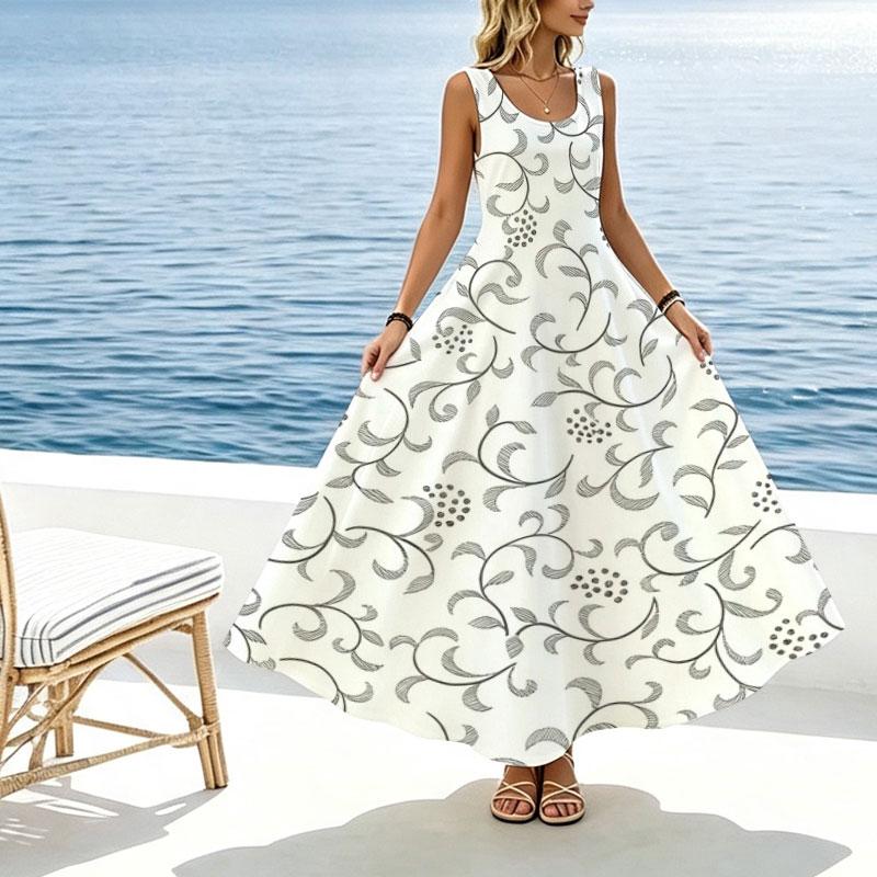 Women's Beach Maxi Dress Sleeveless Minimalist Pattern,Lightweight Flowy Fabric,Elegant Slimming Big Hem,For Home Outdoor Vacation Wear
