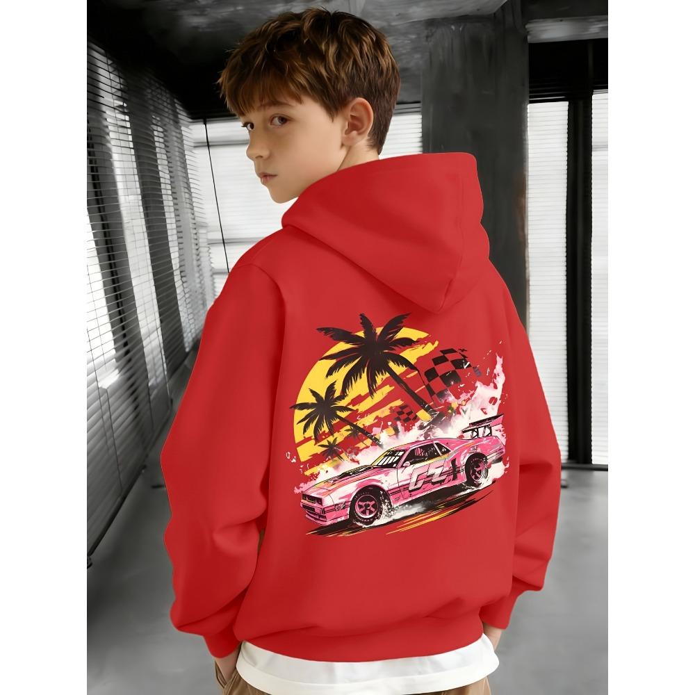 Kinder Kapuzenpullover Rückseite Kokosnuss Sportwagen Sonnenuntergang Bedruckter Hoodie Bequem Lässig Weich Frühjahrs- und Herbstmodelle 140 rot