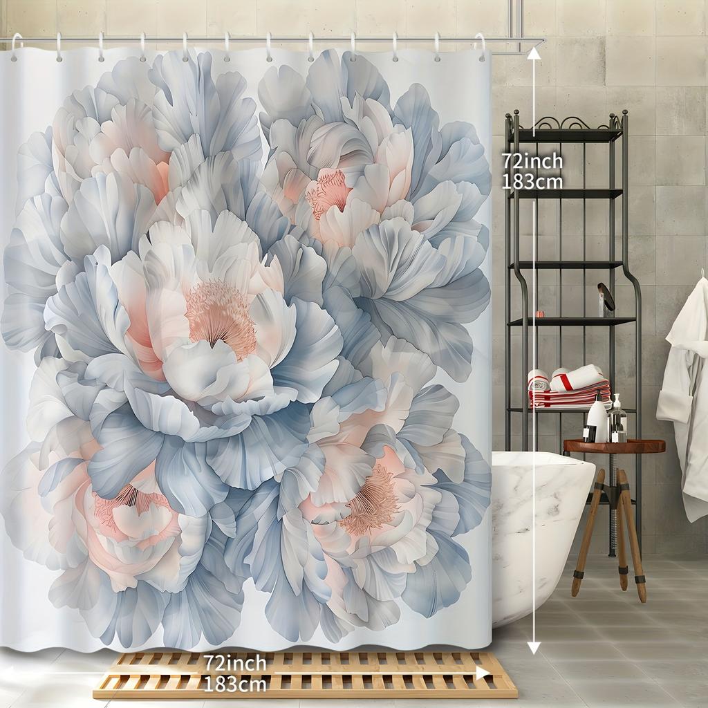 1pc Peony Floral Hand Painted Shower Curtain, Decorative Bathroom Accessories with Hooks, Polyester, Machine Washable