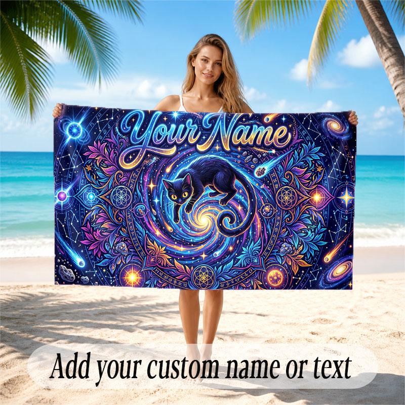 Cat Theme Soft Beach Towel Personalized Custom Name Text Towel Portable for Beach Pool Travel