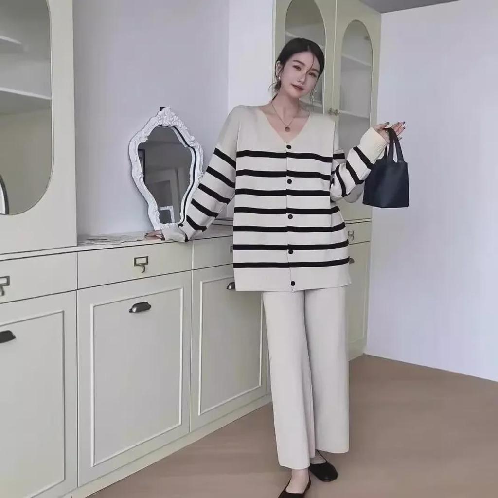 2024 Autumn/Winter Striped Low-Neck Single-Breasted Long-Sleeve Knitted Sweater & High-Waist Wide-Leg Pants Set