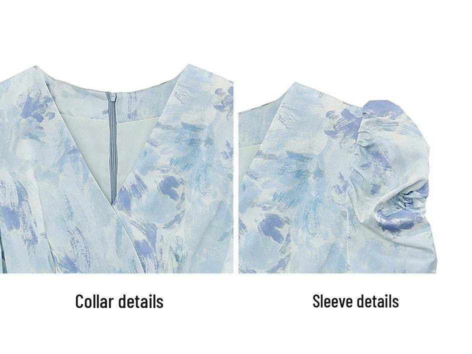 Vintage French Floral Puff Sleeve V-Neck A-Line Dress - Slim Fit Waist-Cinching Summer Long Skirt