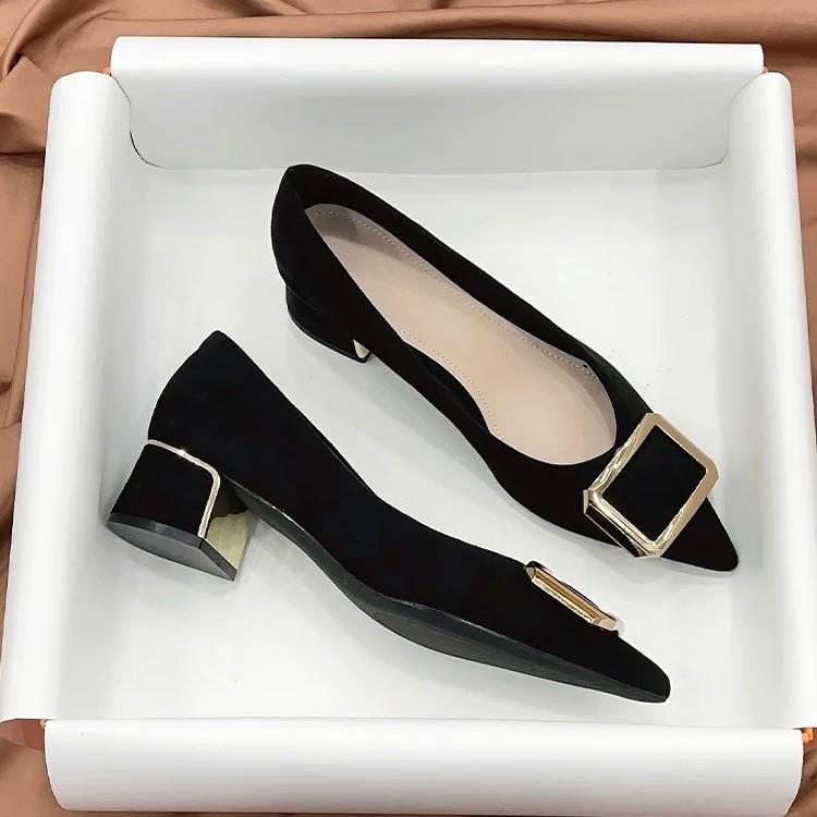 Fashion Pointed Toe Shoes for Women Work Career Office with Medium Heels Black Woman Footwear Metal Decoration Square E Korean Style