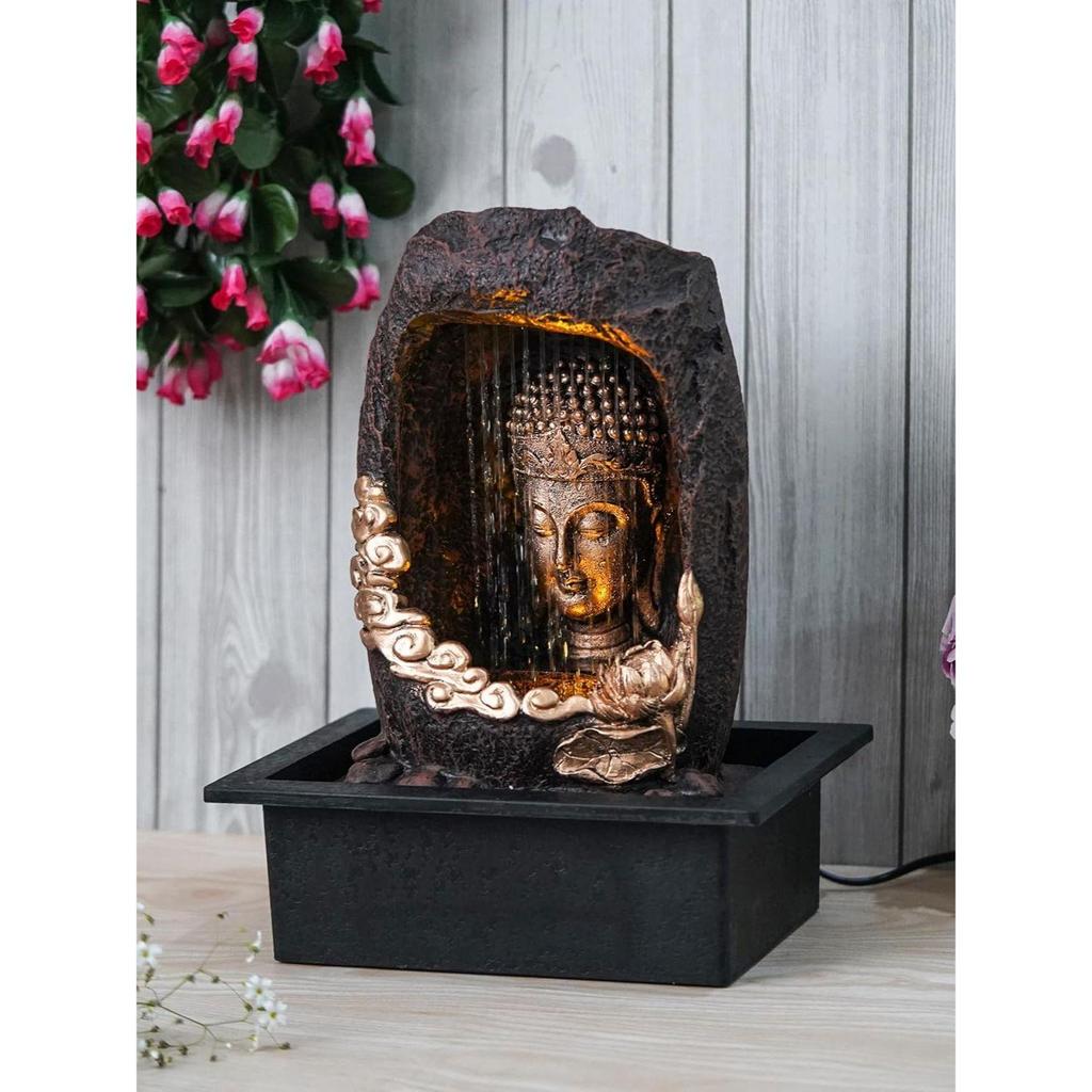 Bordsdekoration Polyresin Guldbrun Mediterande Buddha Sittande i Grottstil Inomhus Framsida Gardin Vattenfall Fontän för Heminredning
