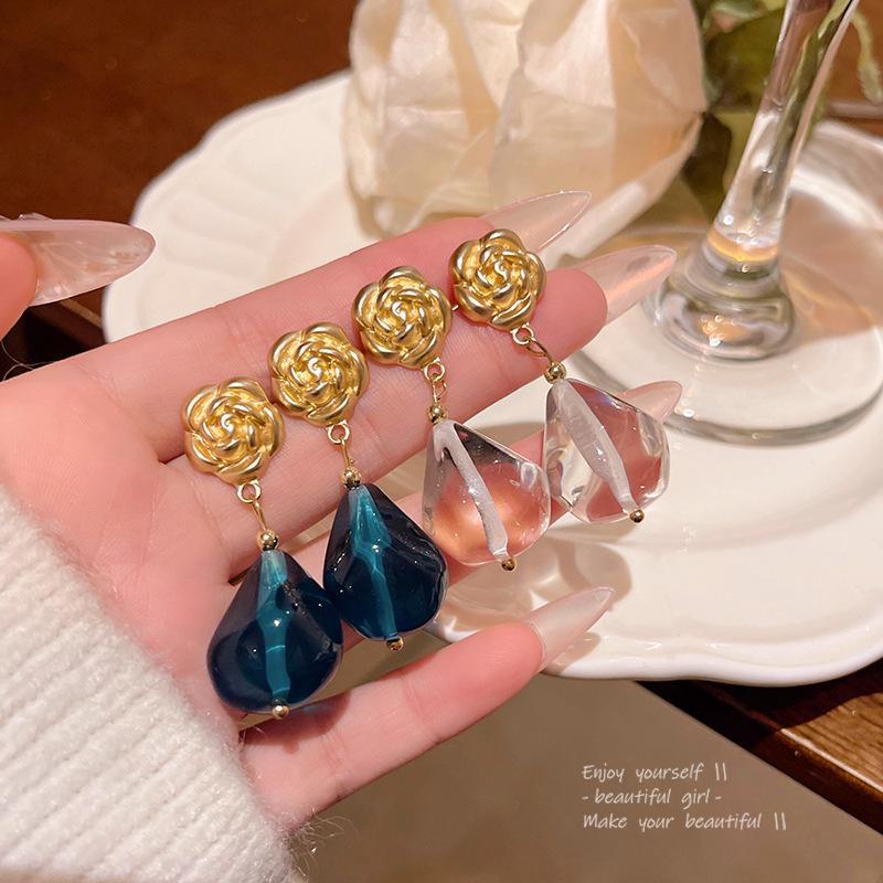 Korean Rose Teardrop Earrings: Green Crystal In French Retro Style for Women