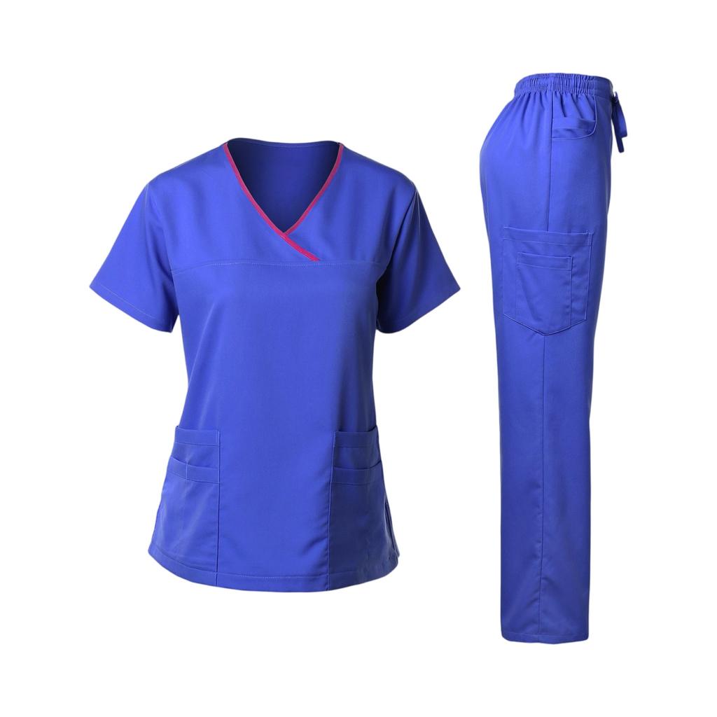 Ladies' Loose And Comfortable V-neck Short Sleeved Workwear With Multiple Pockets Suit Set