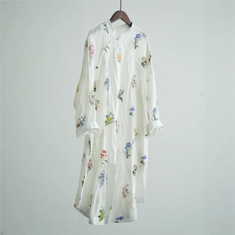 Johnature Women Vintage Print Floral Dresses Button Stand Long Sleeve White Spring Female Dress