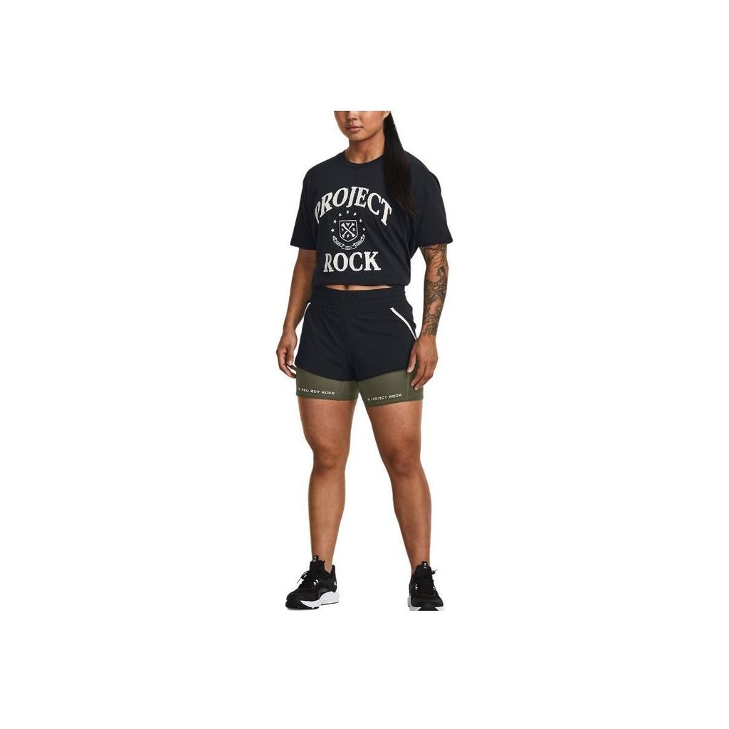 Under Armour Project Rock Johnson Flex Leg Day Letter Print Elastic Waist Fake Two-Piece Sports Casual Shorts Women Shorts Black 1380188-001