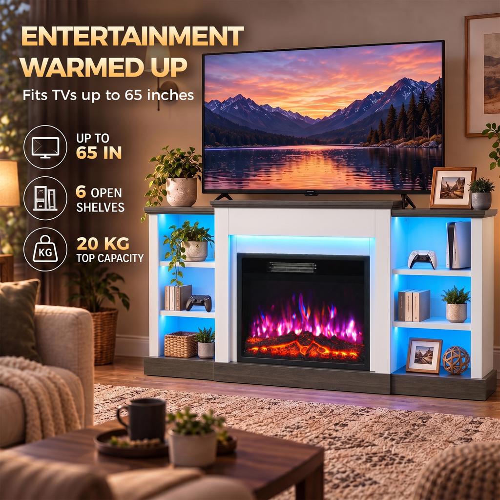 Electric Fireplace TV Stand 138cm, LED Strips, Adjustable Flame Effect, 6 Shelves, Entertainment Center Console Table