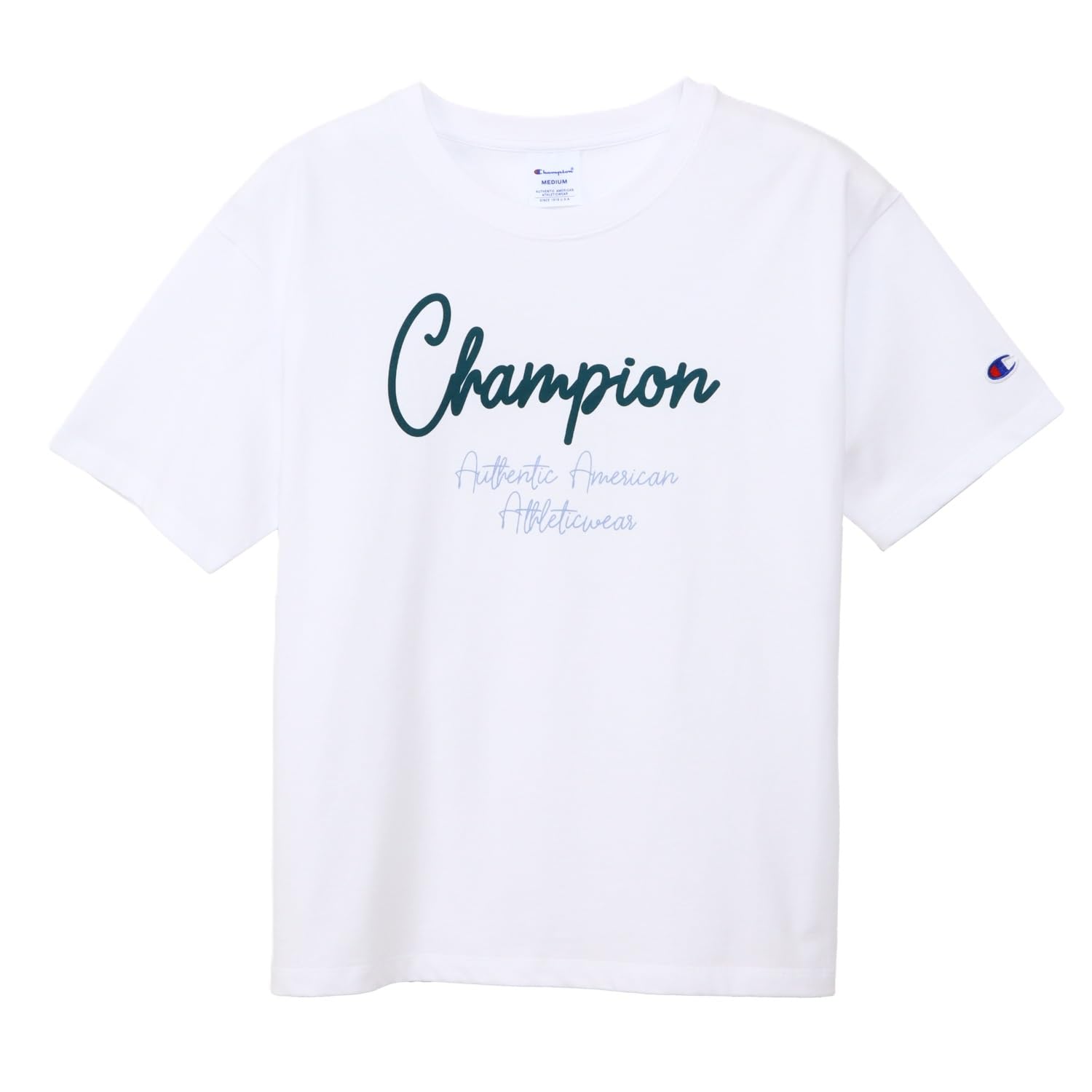 

Champion Базовая женская футболка с коротким рукавом из хлопка США RelaxFit с графическим логотипом, белая, 100% принт, горловина, CW-B327 белый