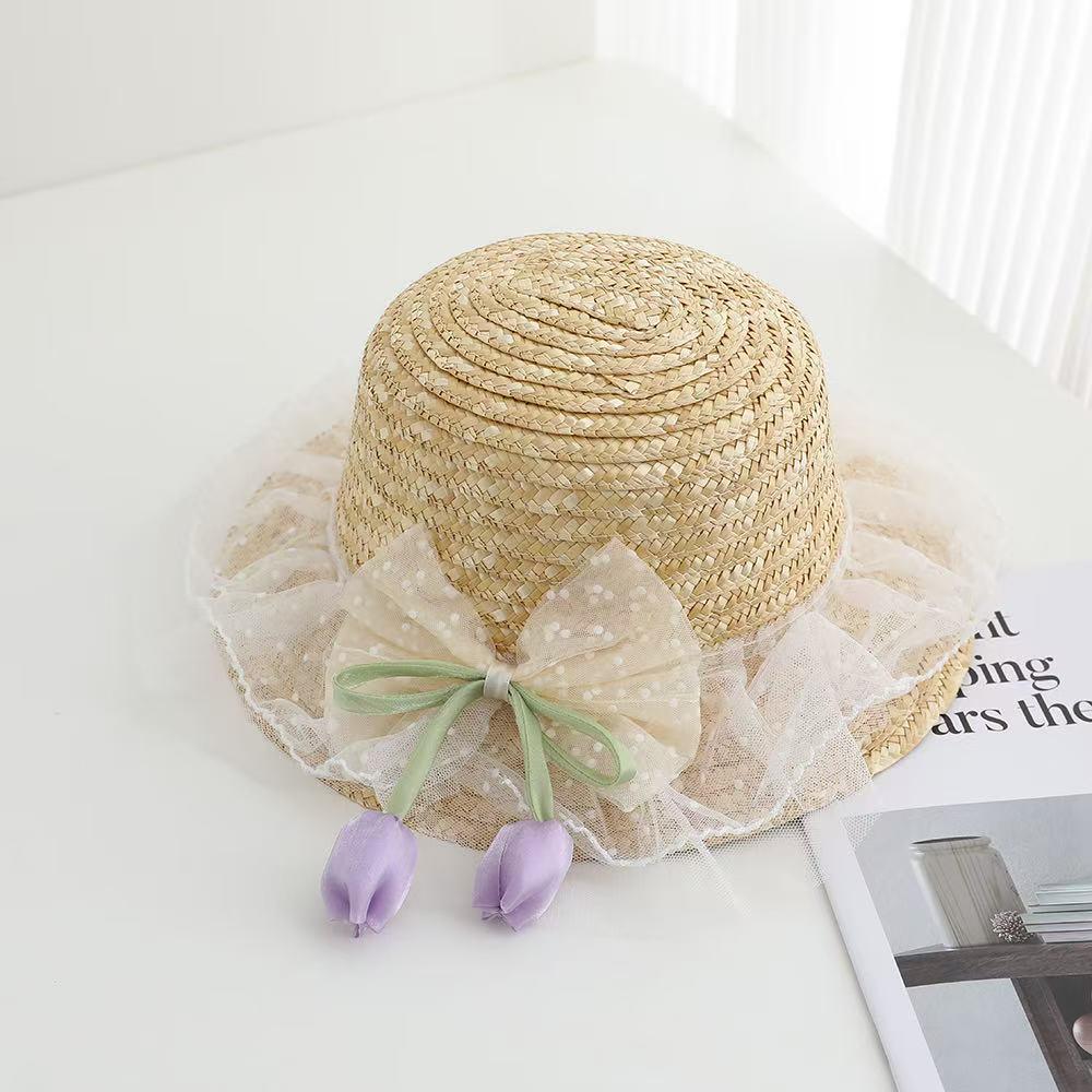 2026 Summer Tulip Straw Hat for Girls - Wide Brim, Sun Protection One Size