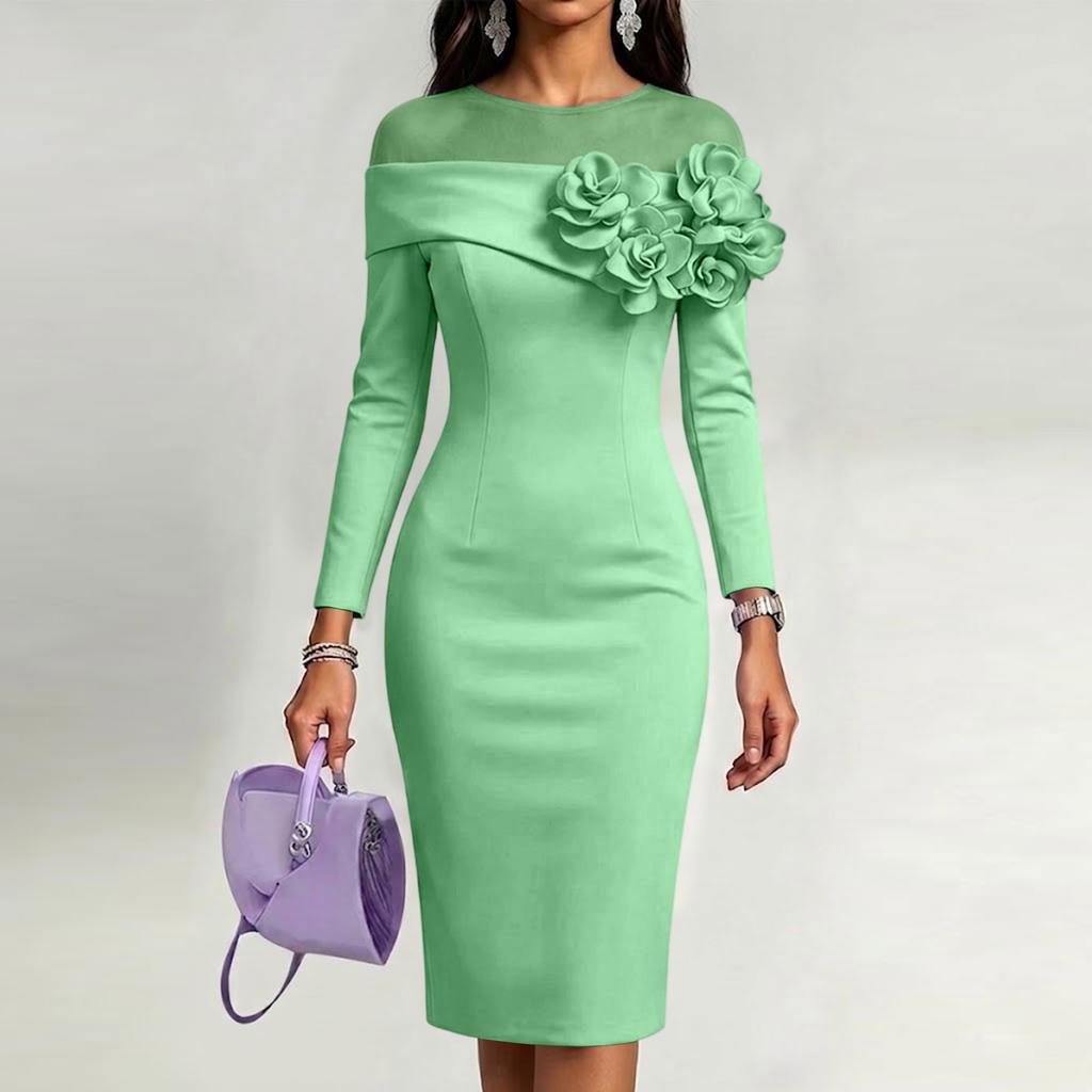 Women's Round Neck Slim Fit Dress with 3D Floral Side Accents, Color for Everyday Wear