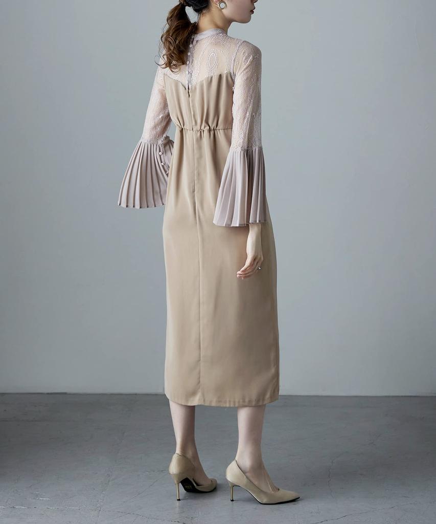 Pleated Bell Sleeve M [etoll] I-line Dress, One-piece, Wedding, After-party, Formal, Beige,