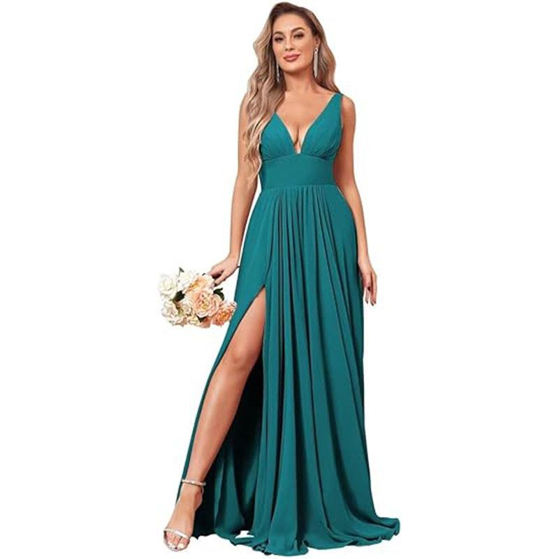 Evening dress summer new deep V-neck split fork long chiffon bridesmaid pleated formal ball dress
