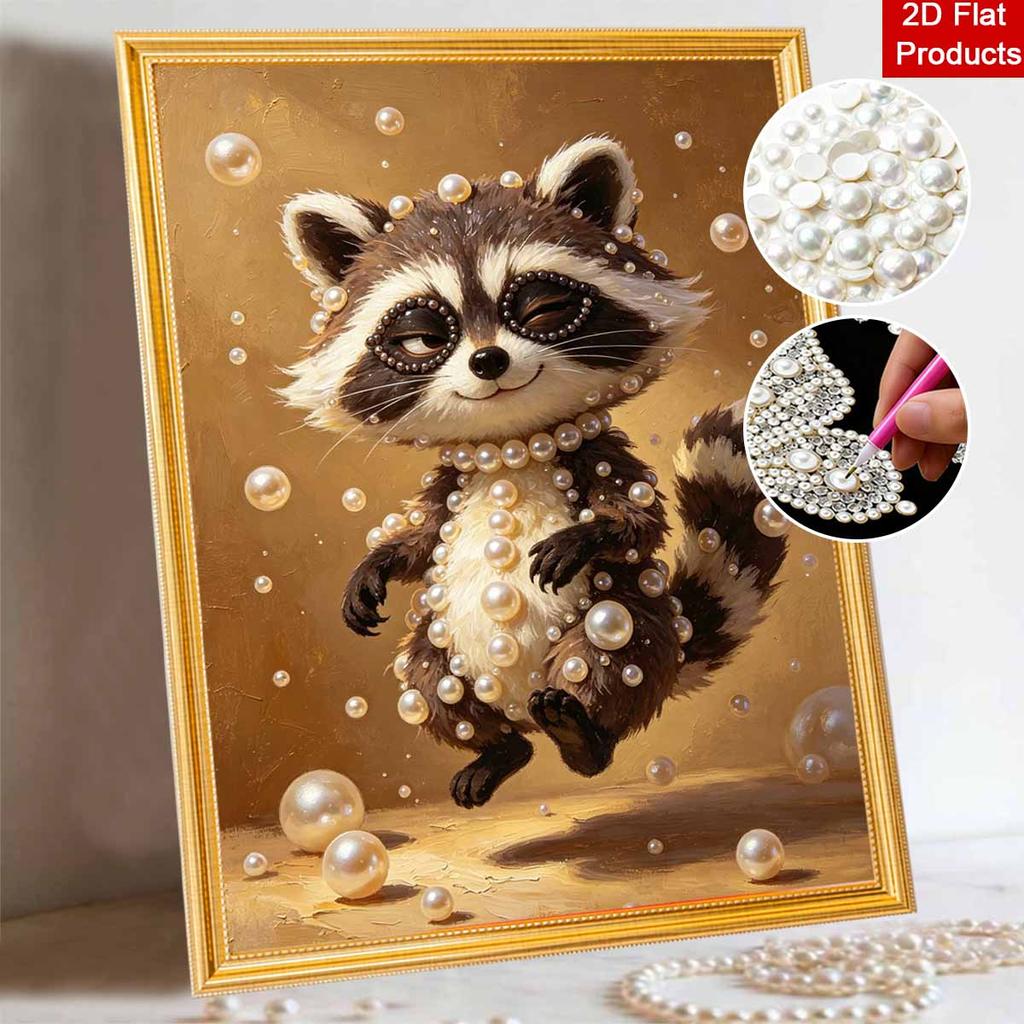 Adorable Raccoon with Pearls Framed Pearl Painting Kit DIY 3D Sparkling Bead Canvas Art Relaxing Handmade Craft Gift for Women