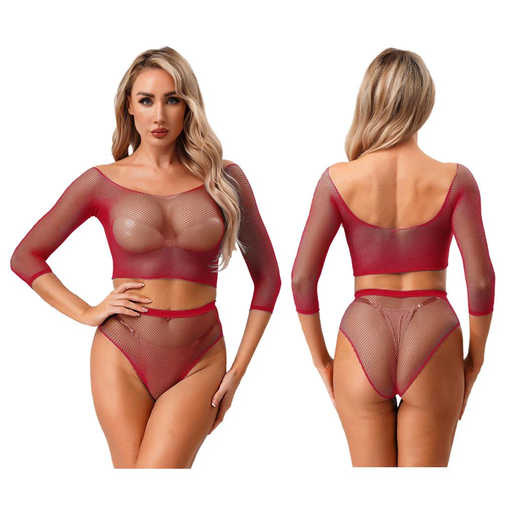 Sexy Women Lingerie Fishnet Top Briefs Set See Through Bikini Cover Couples Role Play Costume Tempting Outfit