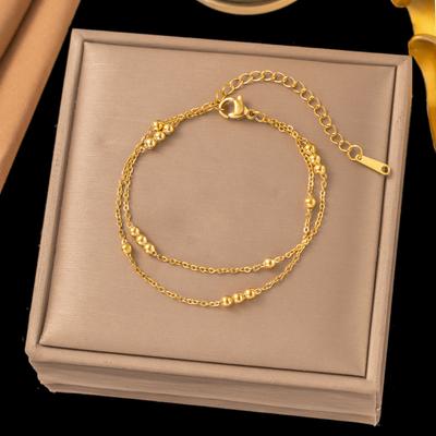 Pulseiras Banhadas a Ouro Pulseira de Bolinhas Redondas Pequenas, Pulseira Dupla Camada Retro, Joias de Aço Inoxidável para Mulheres Presente de Aniversário