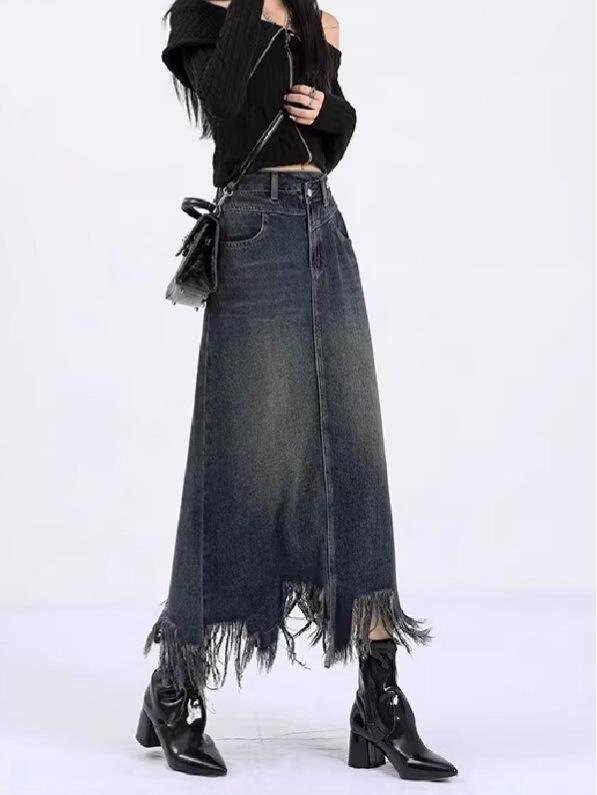 Women's High-Waisted Denim Midi Skirt, Autumn 2025: Slimming A-Line with Split, Fringe, and Hip-Hugging Design