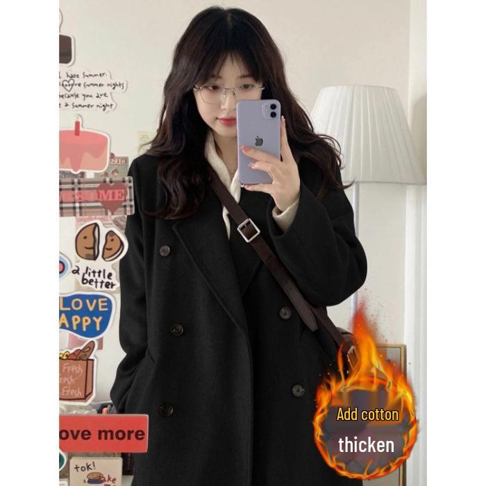 Women's Mid-Length Black Wool Coat, Winter 2025 Korean Style, Loose Slimming, Thickened Padding