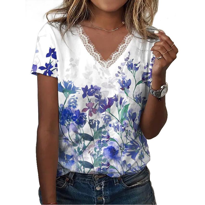 Women's Lace Floral Printed T Shirt V-Neck Short Sleeve Casual Shirts Loose Fashion Blouses Plus Size