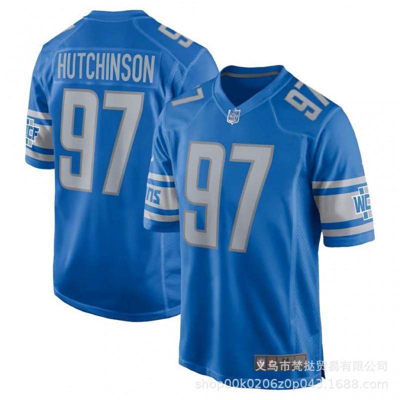 Mens NFL Detroit Lions Football Jersey Hutchinson 97 St. Brown 14 26 Blue Embroidered Team Sport Shirt Short Sleeve