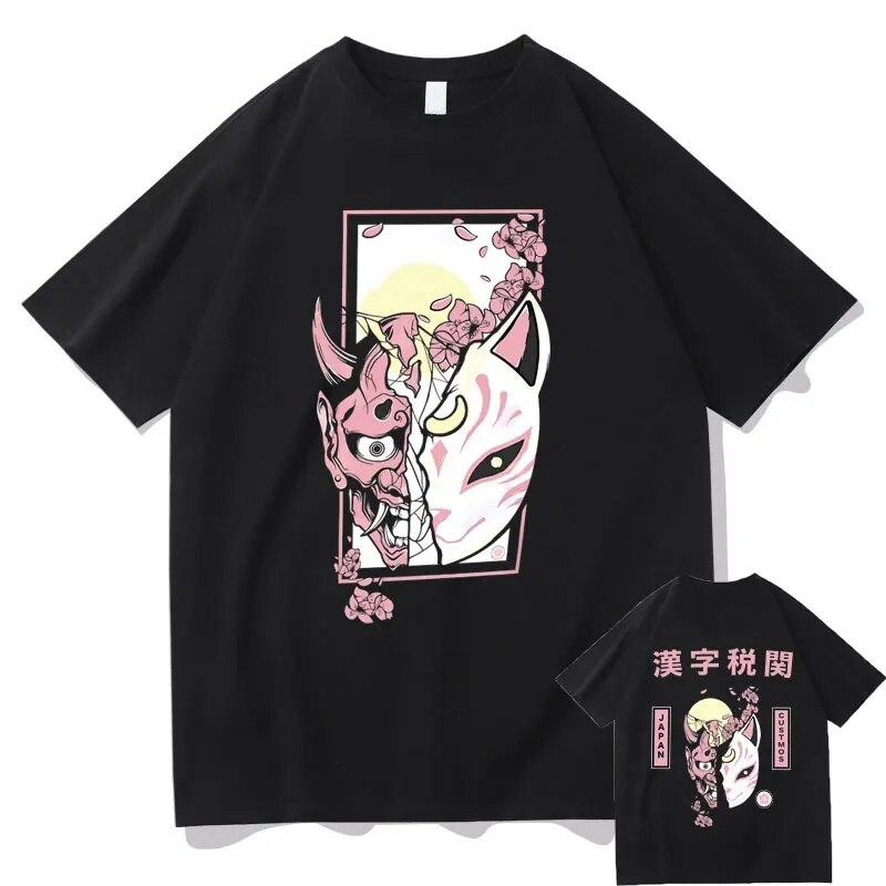Hannya Mask T Shirts Futuristic Kitsune Mask Graphic T-shirt Japanese Anime Tees Kitsune Streetwear Fox Tshirt Unisex Manga Tops