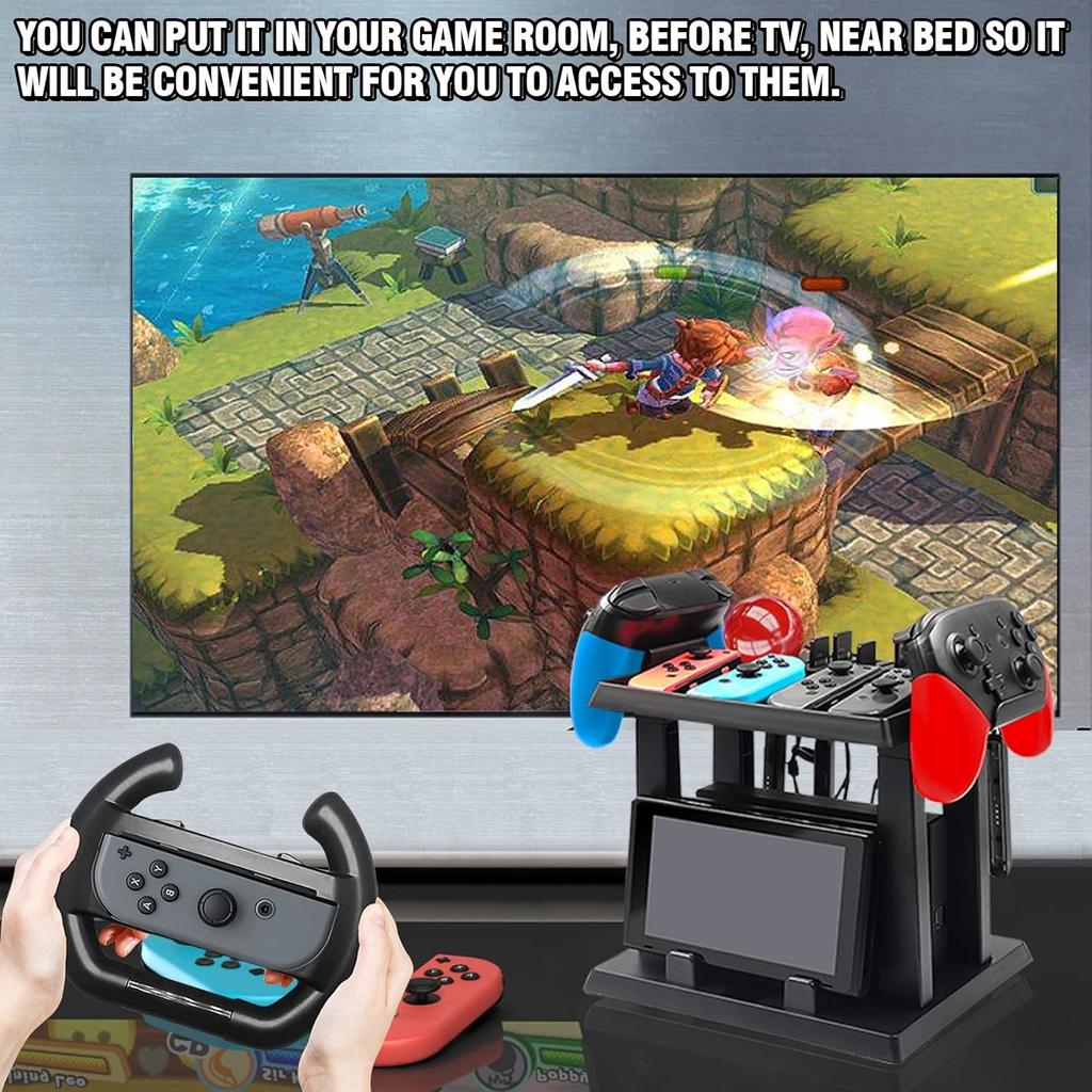 Multifunktionaler Aufbewahrungsständer, Switch Tower Halterung Dock Joy-Con Griff 2 Pro Controller 2 Joy-Con-Handgelenkschlaufen 4 Joy-Cons 12 Spielkarten und 2 Pokébälle