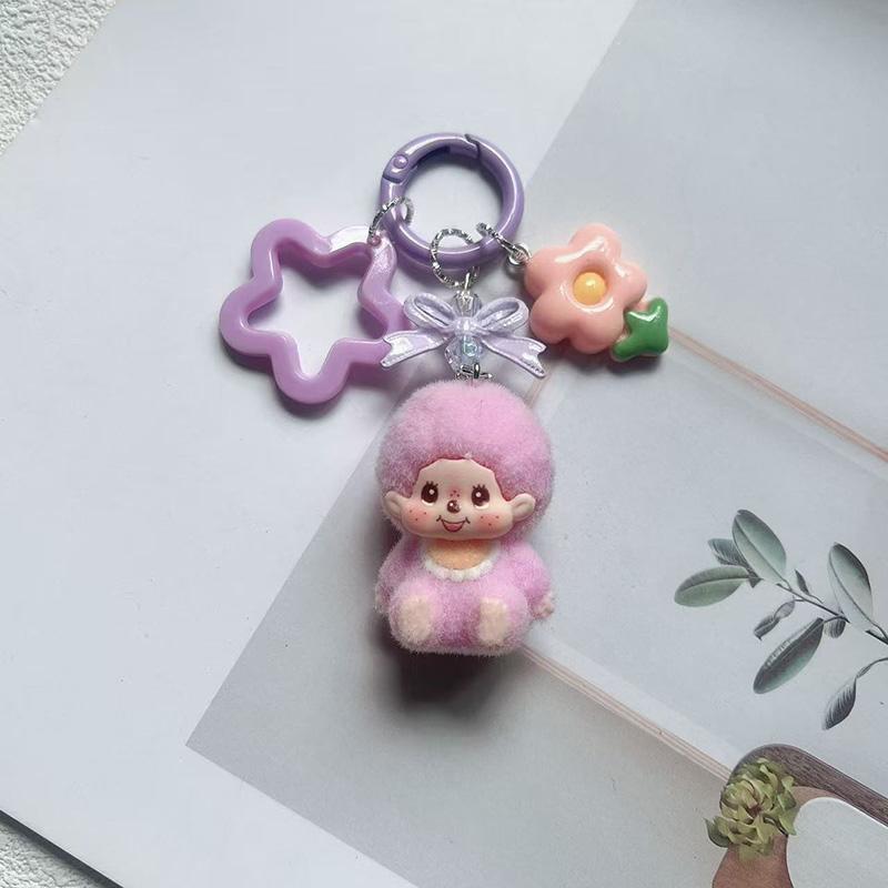 Resin Flocking Monchichi Keychain Cute Monkey Baby Trendy Keyring Cartoon Pendent Keys Bags Hanging Accessories Small Gifts