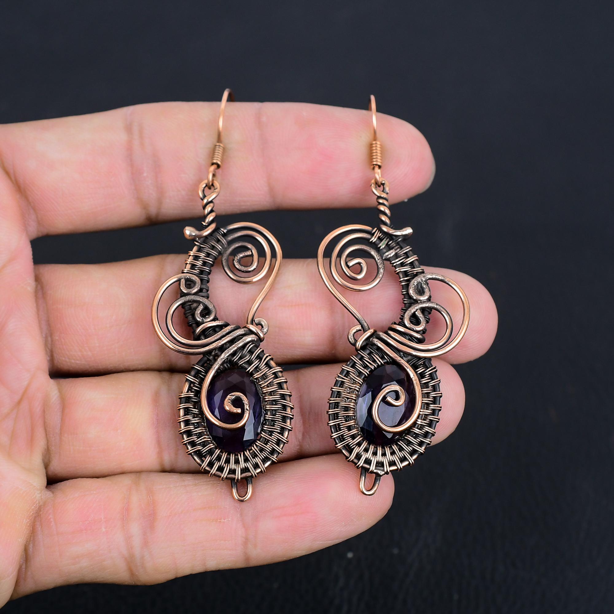 

Серьги с аметистом, ювелирные изделия из драгоценных камней, серьги, обмотанные медной проволокой 999 пробы, подарок для женщин, серьги ручной работы 3.07 Inches