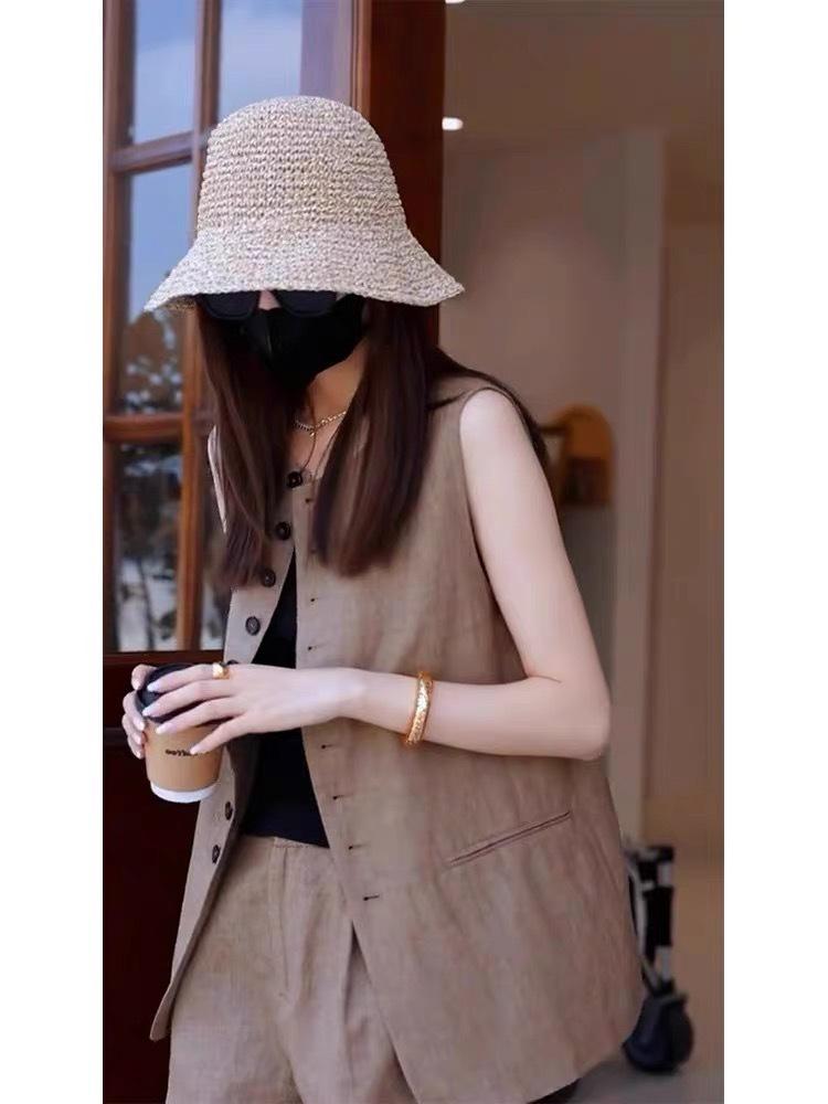 2024 Summer Women's Luxury Minimalist Linen Vest and Shorts Set