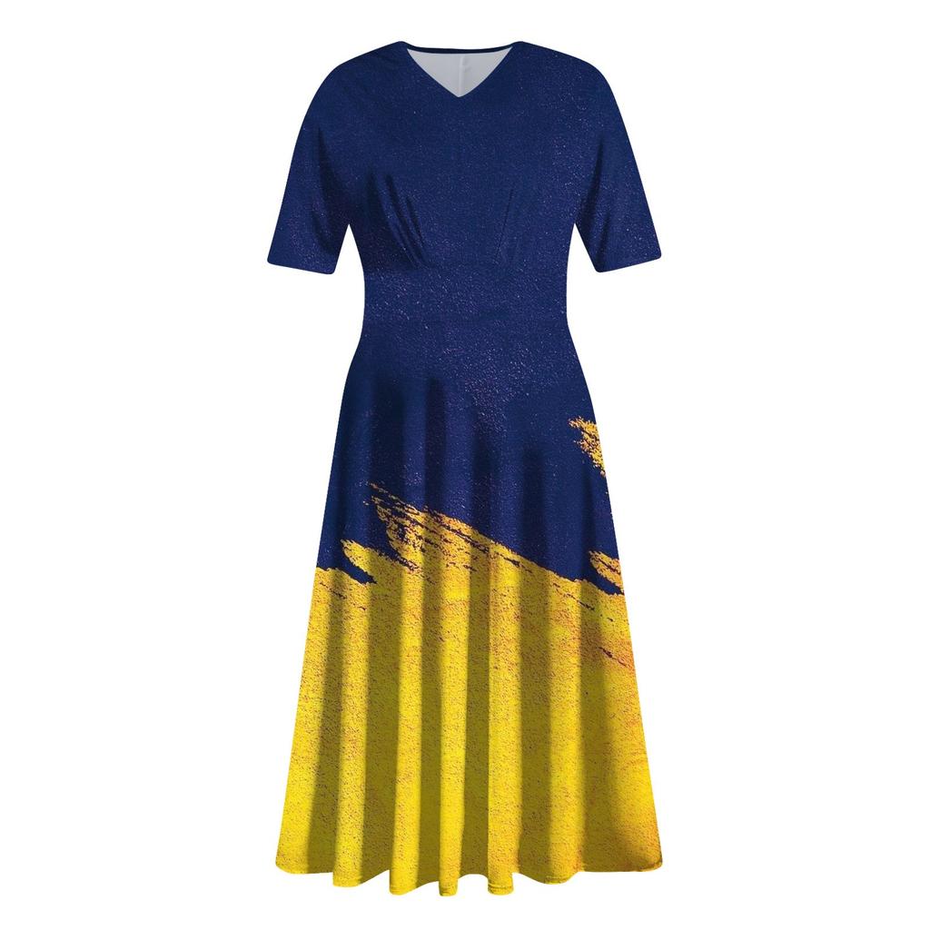 Ladies Casual Fashion Gradient Print V-Neck Short Sleeve Waist Long Swing Dress