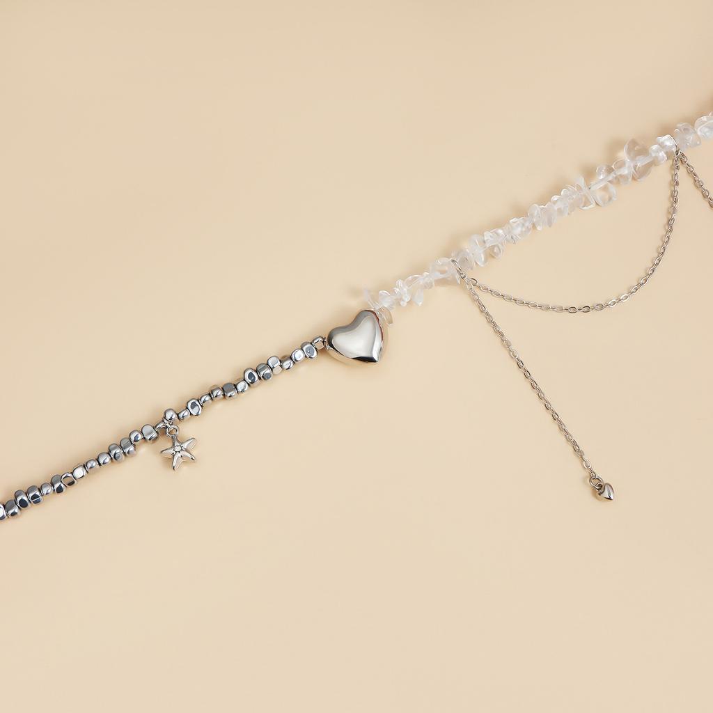 Fashionable Heart Pendant Necklace with Starfish Tassels Stylish Beaded Women Clavicle Chain Casual Outfit Accessory