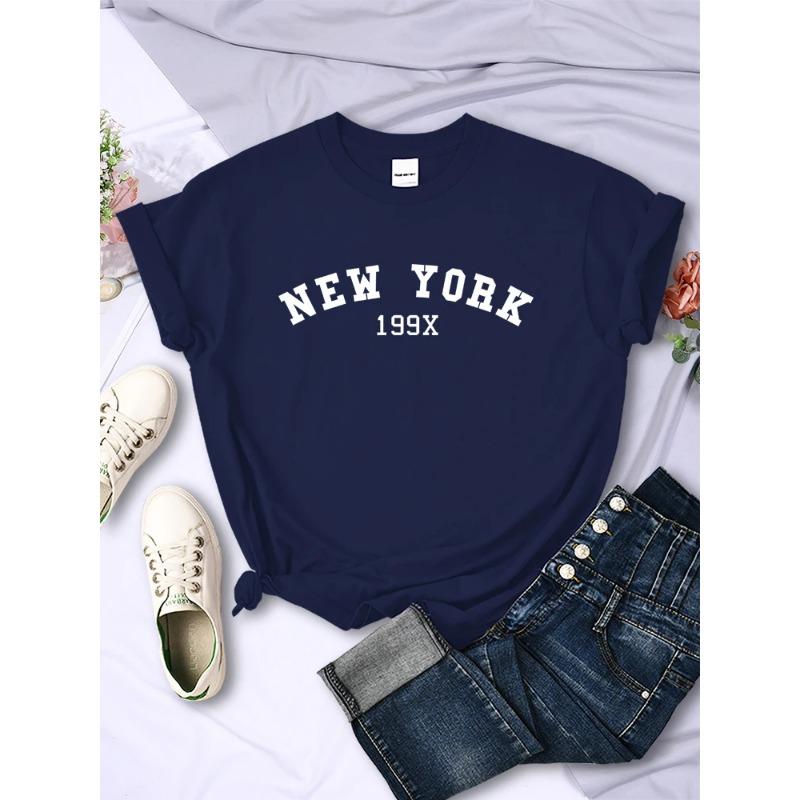 

Summer Round Neck Letter NEW YORK 199X Printed Top Fashionable Casual Pure Cotton Short Sleeved Women s T-shirts S темно-синий