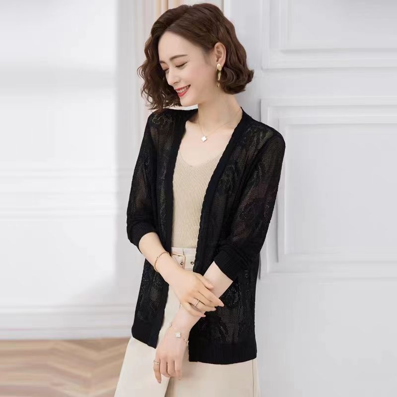 Middle Aged and Elderly Women's Long Knitted Cardigan with Summer Hollow Out Thin Design Paired with A Shawl and Air Conditioning Shirt