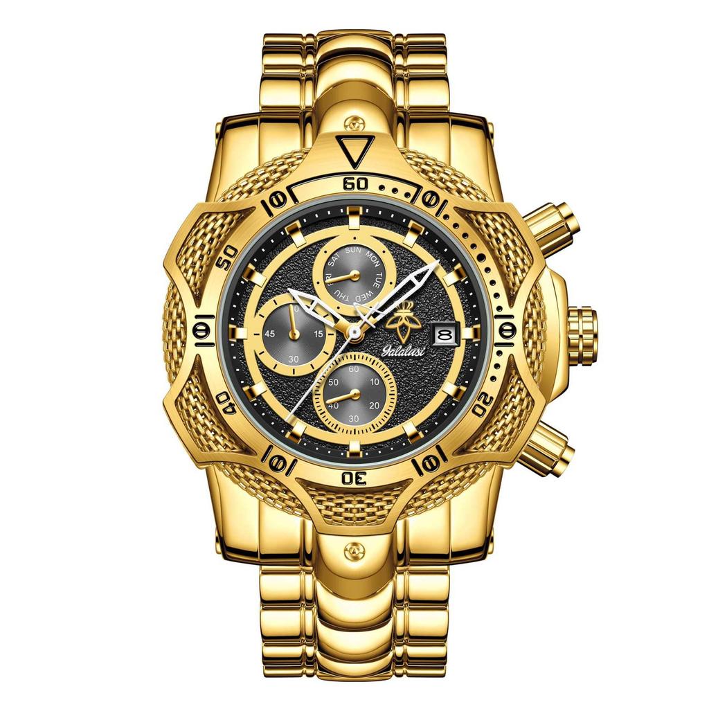 Luxury Gold Men's Quartz Watch Big Dial Chronograph Date Wristwatch Waterproof Business Casual Timepiece for Men