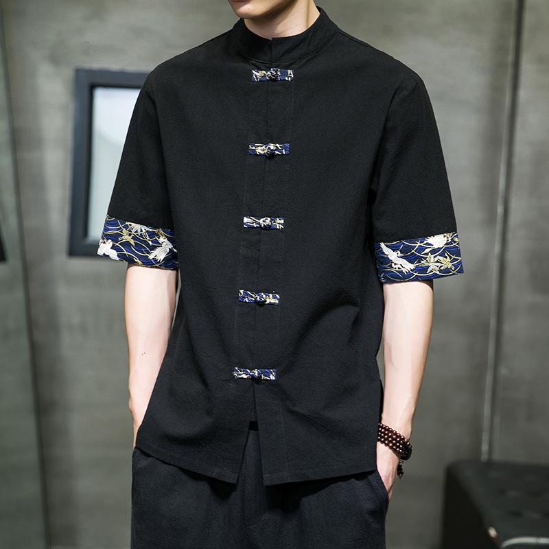 Men's 2022 Retro Chinese Style Color Block Cotton Linen Frog Button Short Sleeve Shirt