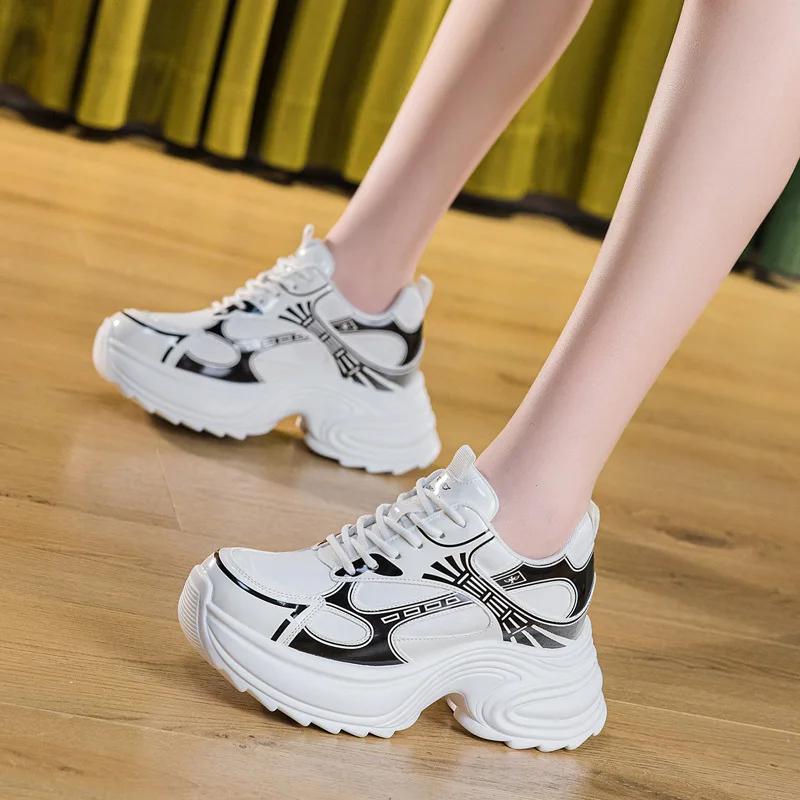 Fashion 9CM Chunky Sneakers for Women Genuine Leather Women Casual Shoes Women Spring Fashion Sneakers Walking Shoes Platform Heel Wedge