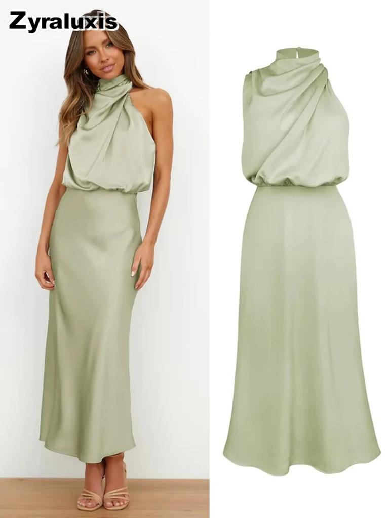 Luxury Satin Sleeveless Dress for Women - Elegant Evening Gown for Spring/Summer Collection